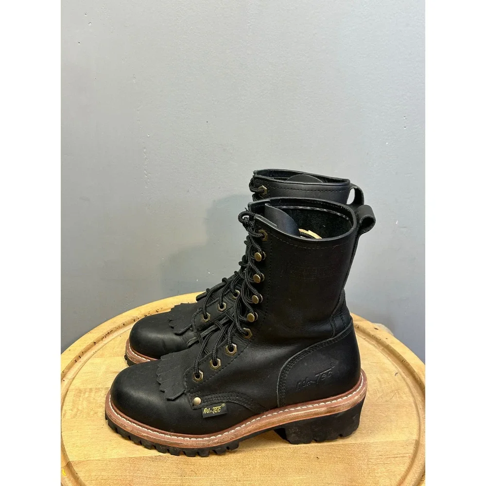 AD-Tec Work Boots Mens 7 Black Leather Kiltie Logger High Top‎ Lug Sole Rugged